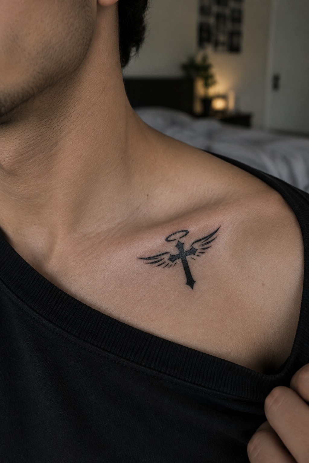 Black winged cross tattoo with halo on shoulder above black shirt neckline