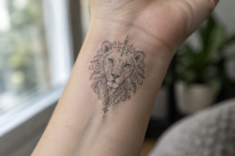 Detailed lion tattoo on wrist above white knitted sweater cuff
