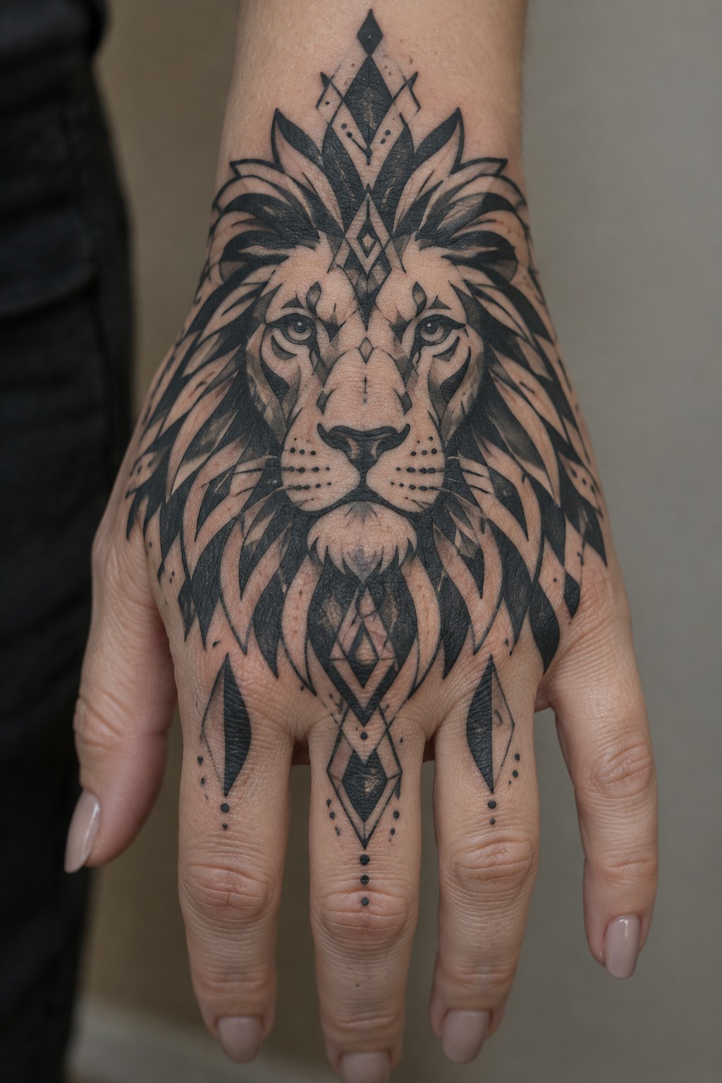 Geometric black lion tattoo with diamond patterns on hand and fingers.