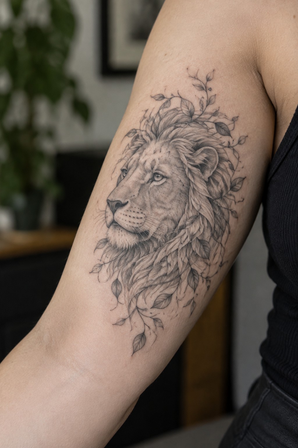 Detailed grayscale lion tattoo with leafy mane on upper arm