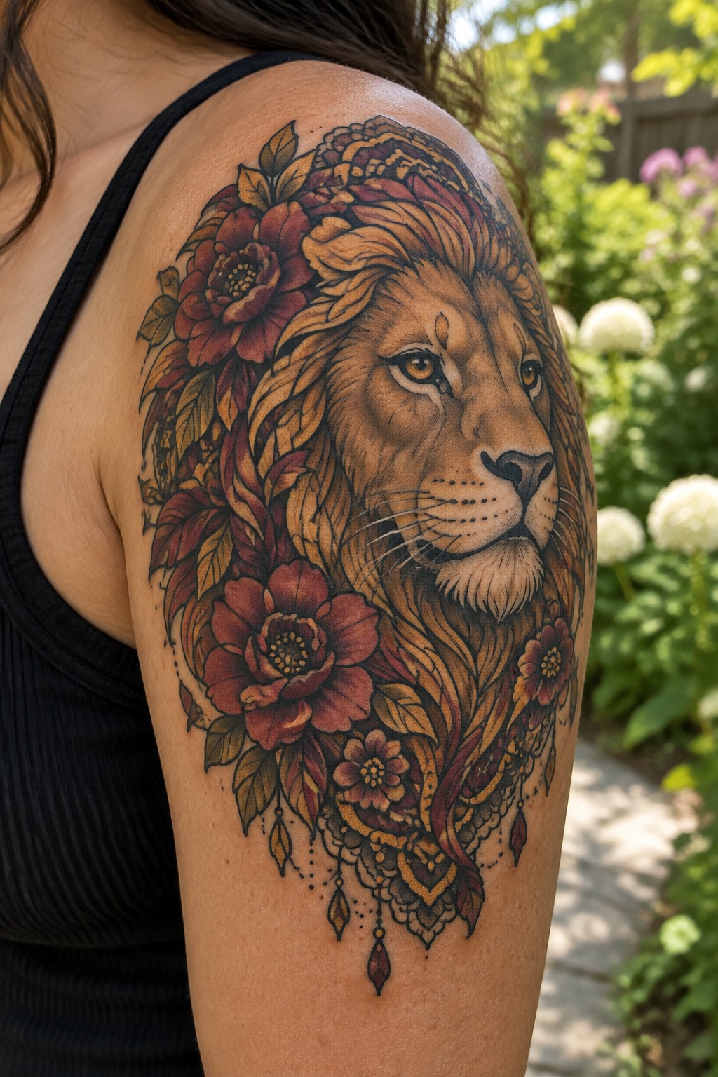 Woman's shoulder with large lion tattoo surrounded by red flowers and leaves