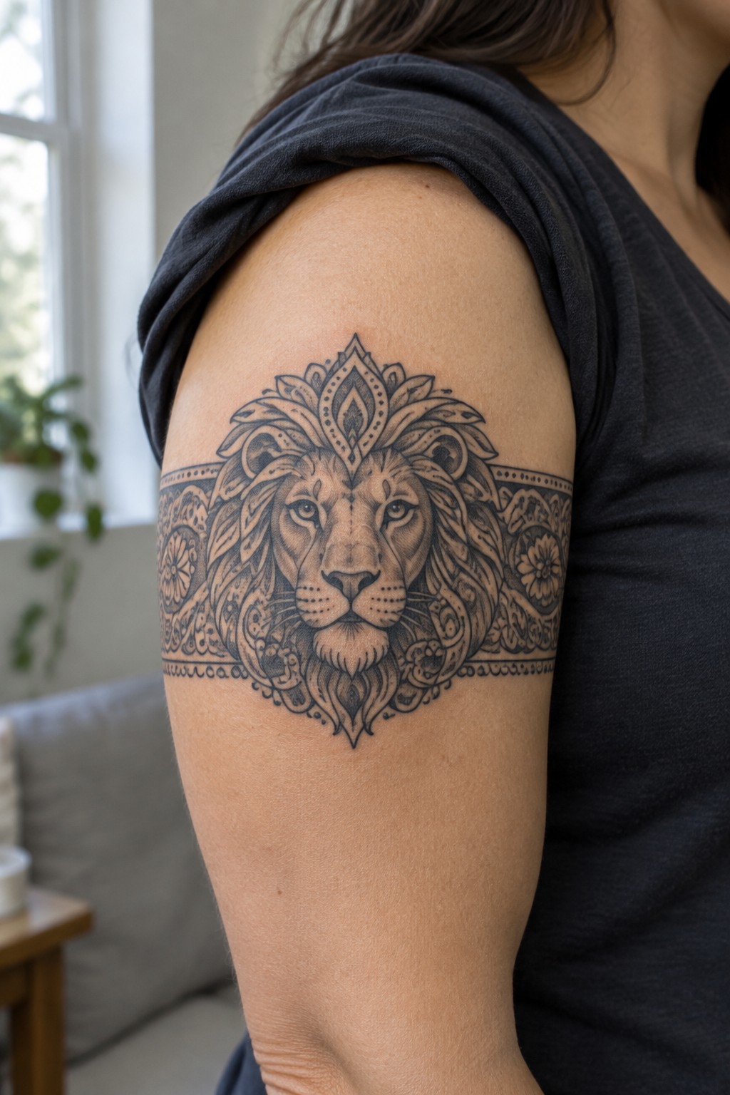 Detailed black ink lion mandala tattoo on a person's upper arm and shoulder