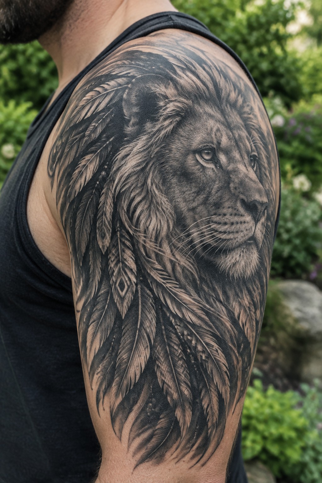 Man in black tank top with detailed lion and feather tattoo on shoulder.
