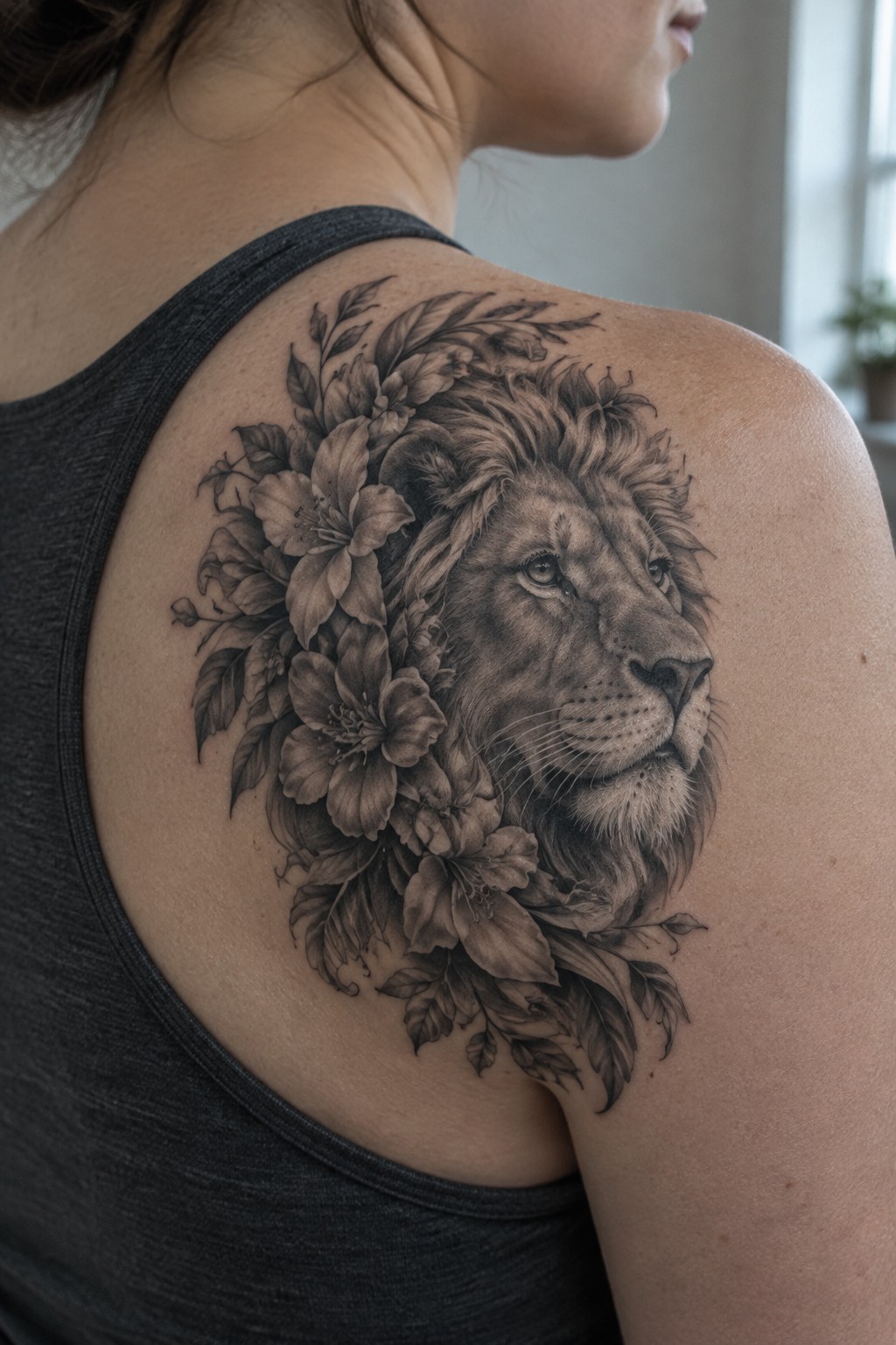 Realistic black and gray lion tattoo with flowers on woman's shoulder and back