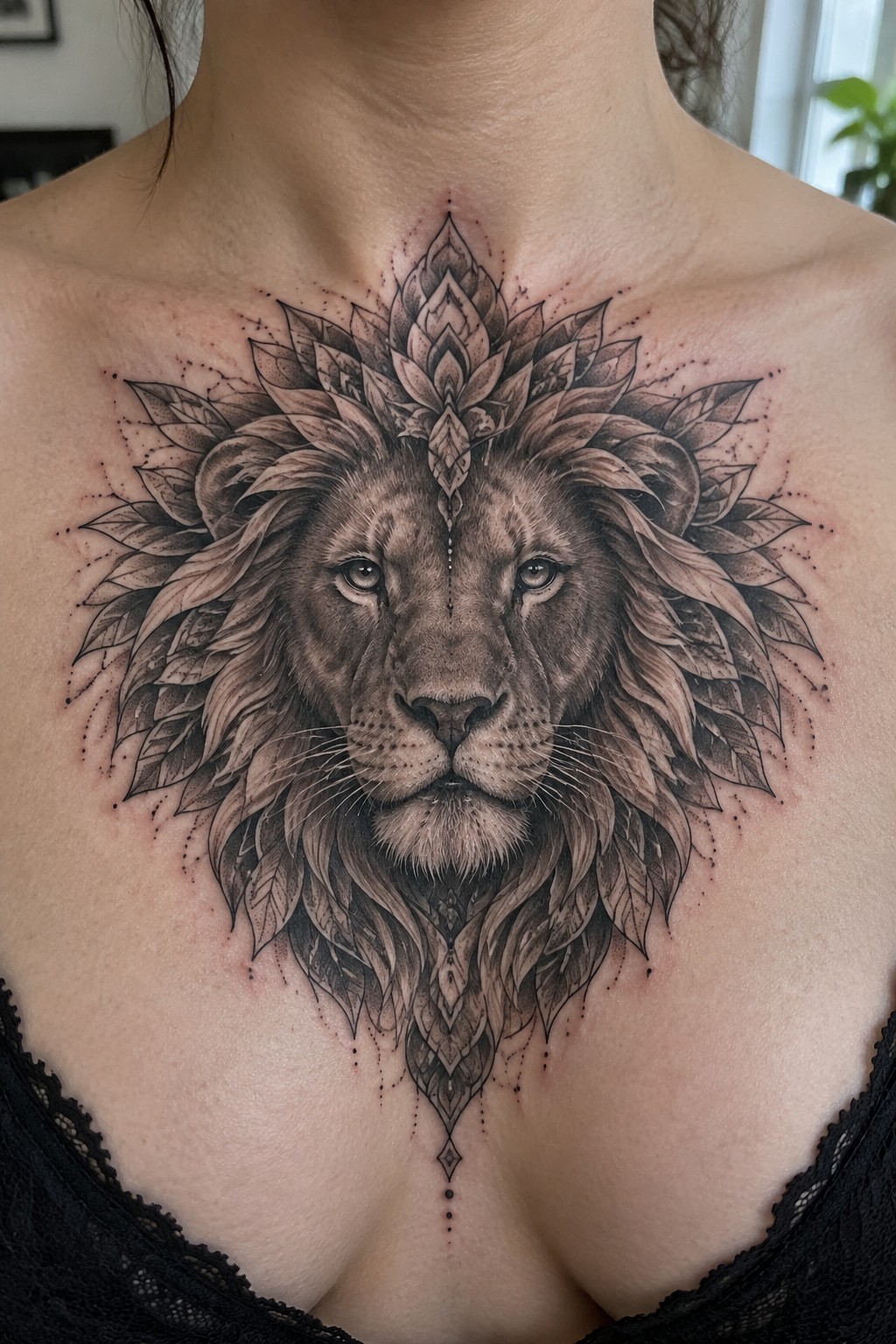 Detailed black-and-gray lion mandala tattoo centered on a woman's chest.