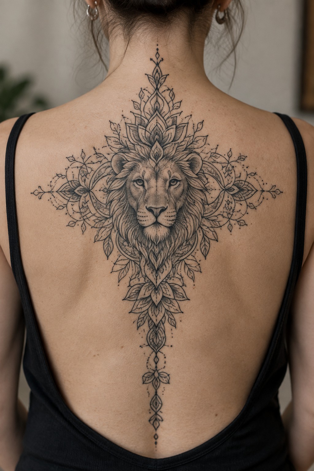 Woman's back with ornate lion head mandala tattoo over black tank top