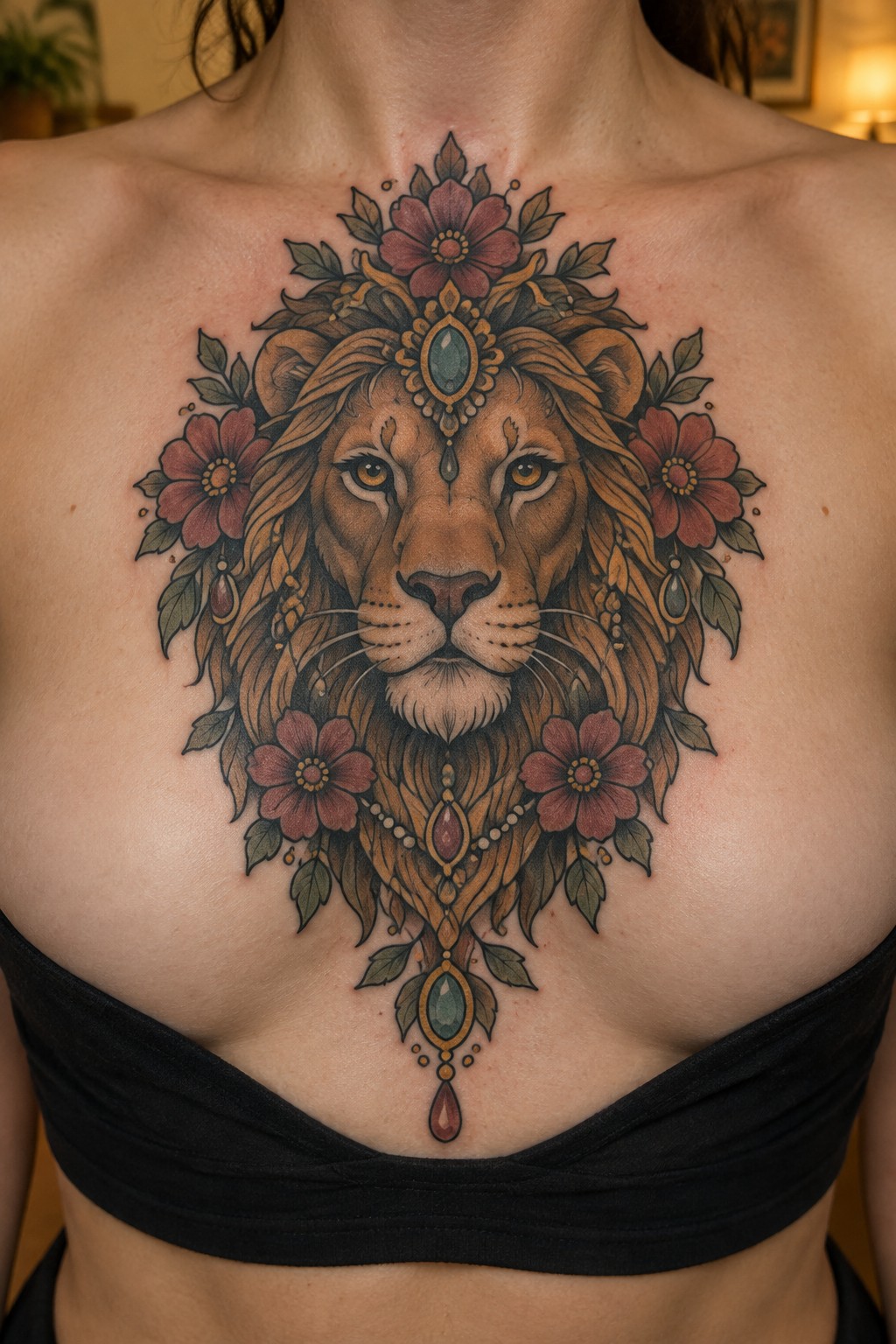 Ornate lion tattoo with floral crown, red flowers, and jewels on chest above black top
