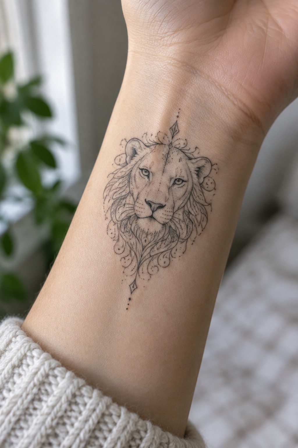 Detailed lion tattoo on wrist above white knitted sweater cuff