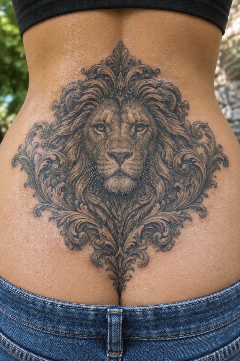 Large black-and-gray lion tattoo with ornate swirls on lower back above blue jeans.