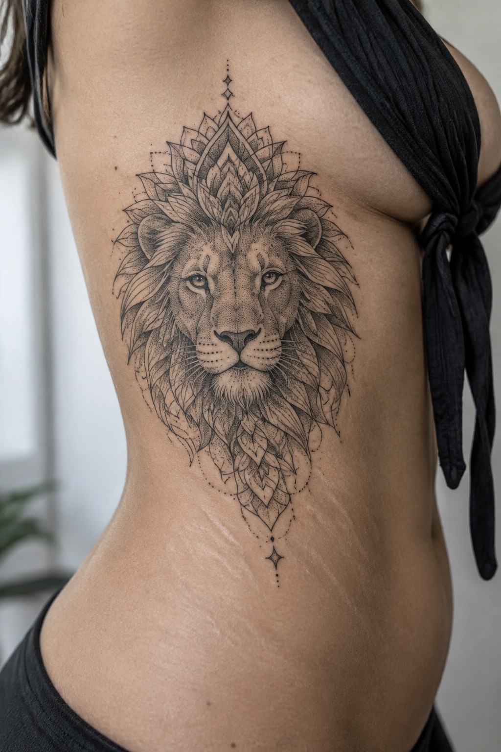 Black and grey lion tattoo with layered mandala mane on the side torso of a woman