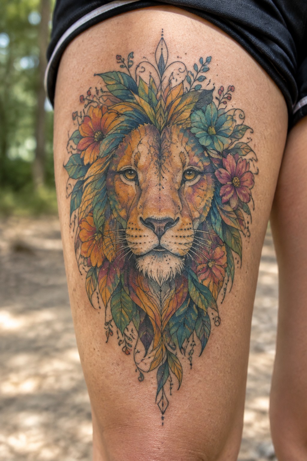 Vibrant lion tattoo with colorful floral mane on a thigh.