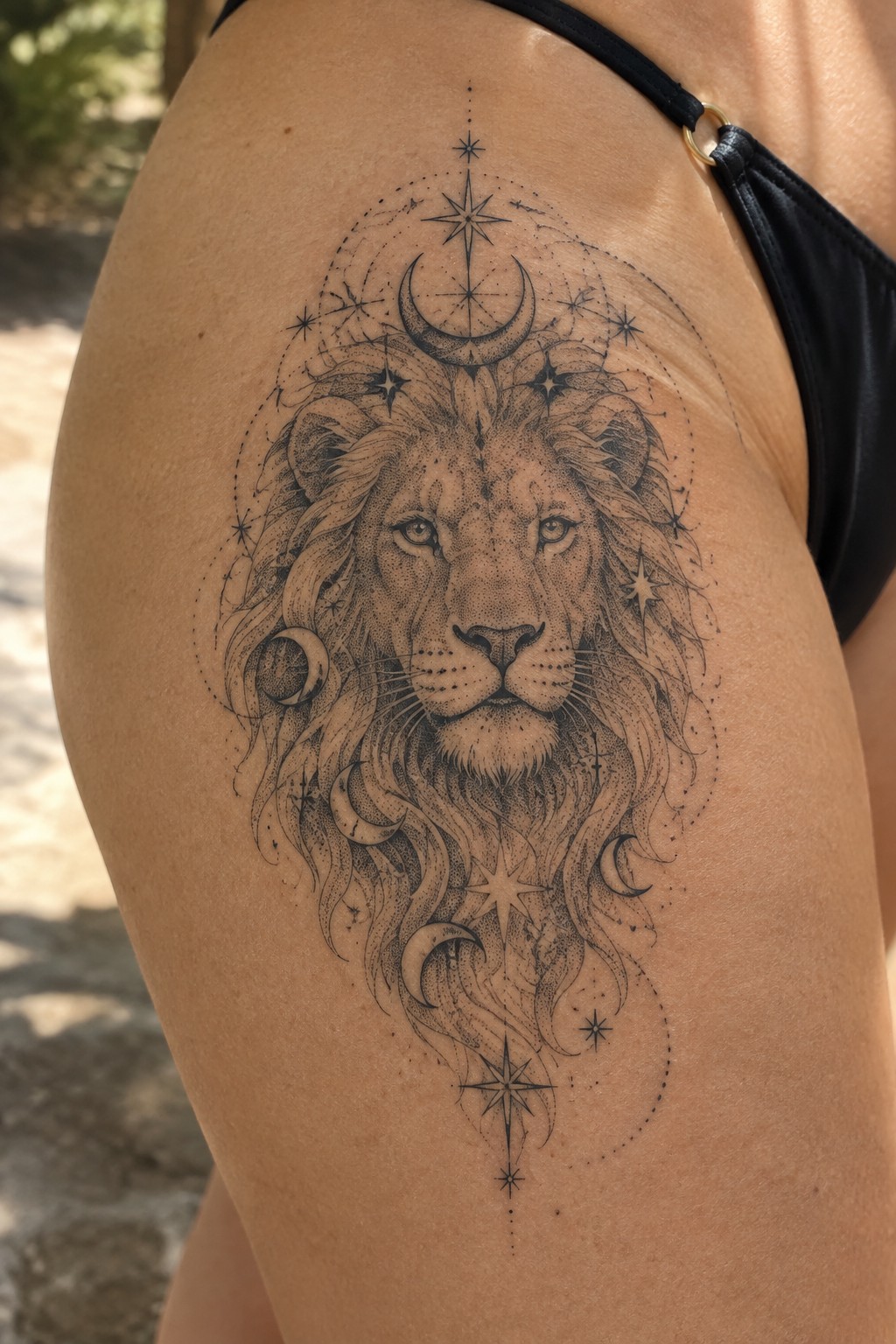 Black-and-gray lion tattoo with moons, stars, and celestial patterns on thigh