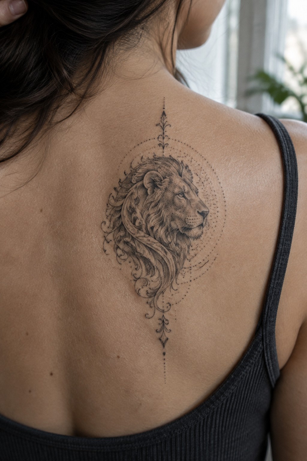 Black and grey lion tattoo centered on a woman's upper back with an ornate flowing mane, dotted circle frame, and decorative flourishes above and below.