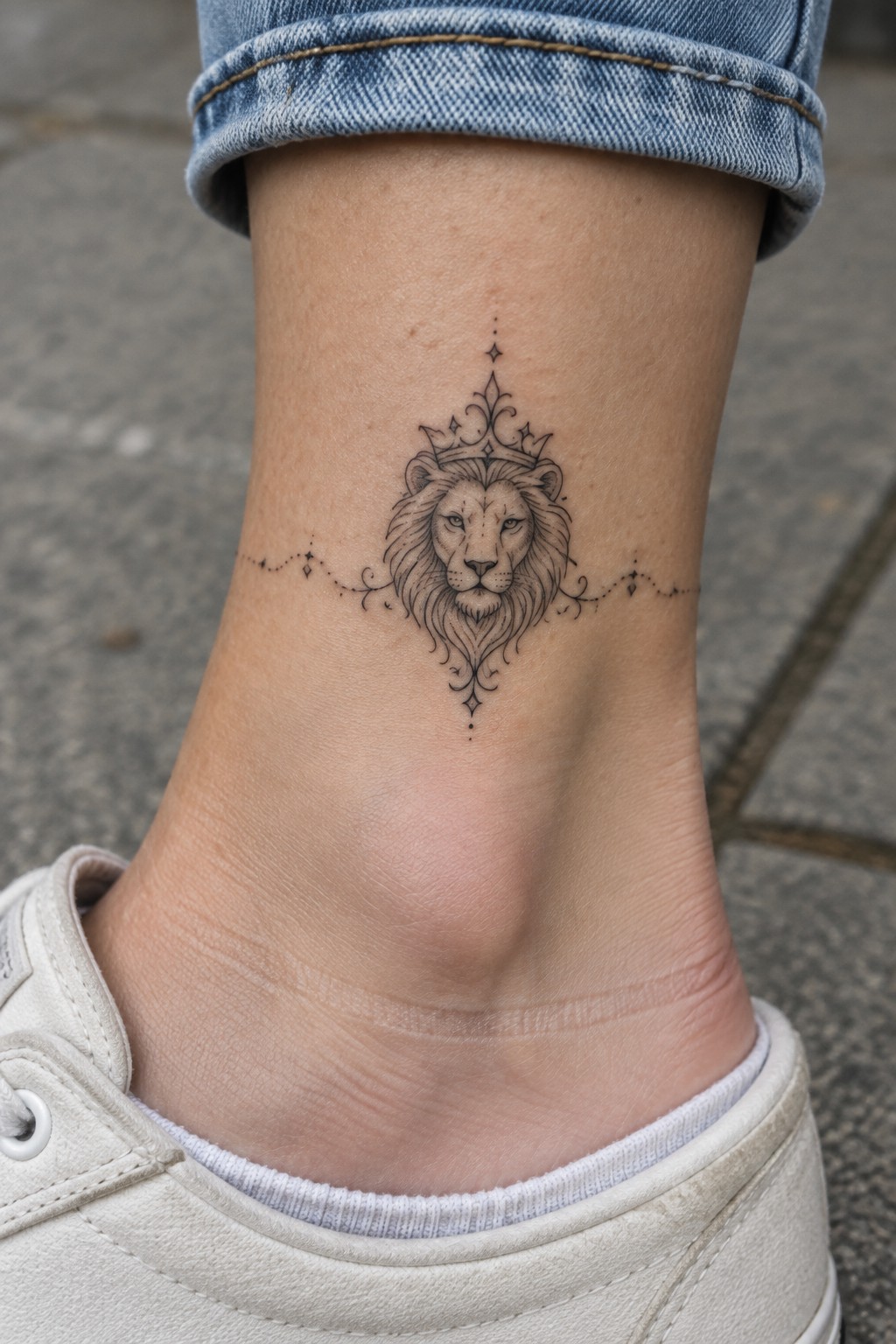 Crowned lion tattoo on ankle above white sneaker and rolled blue jeans