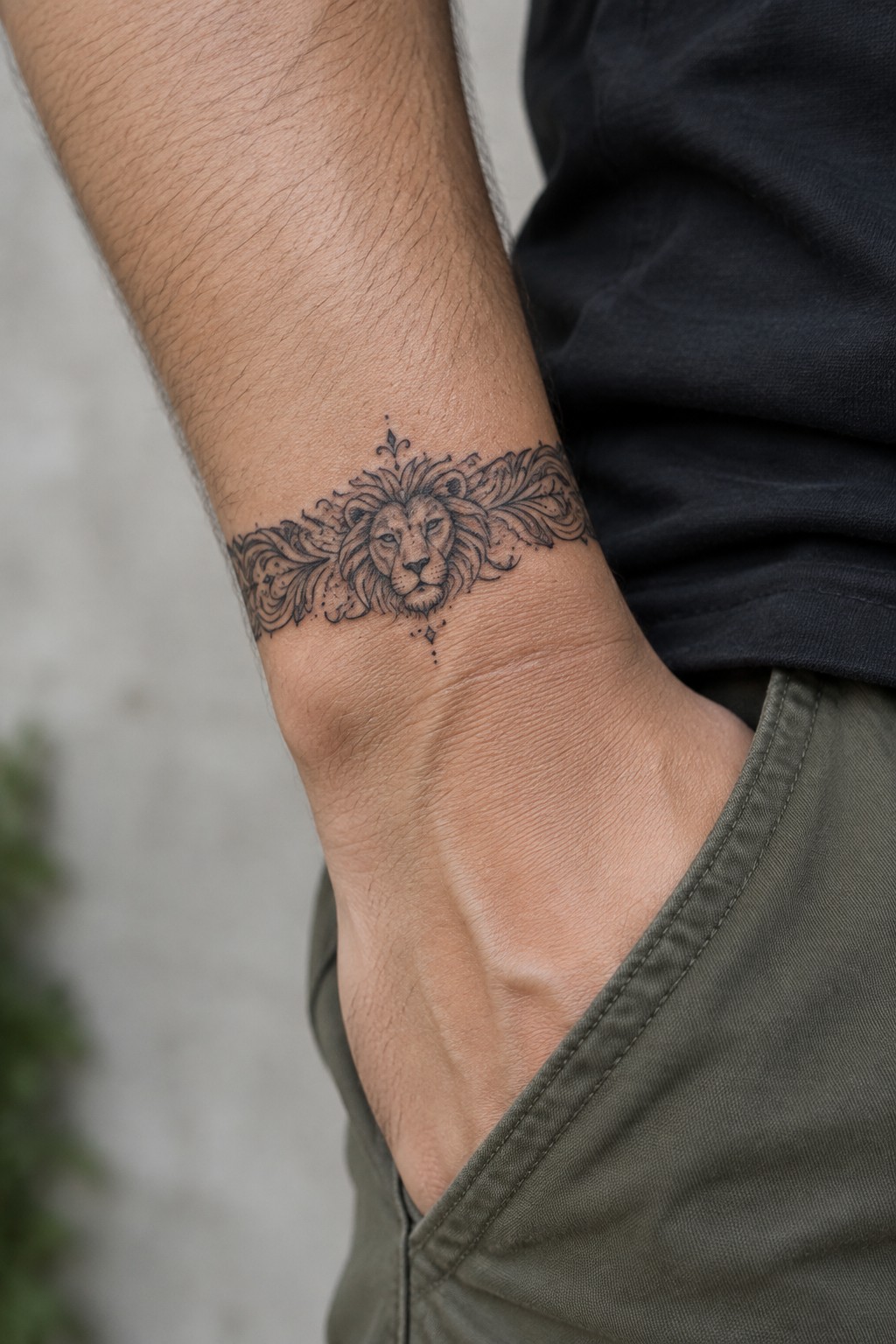 Ornate lion head tattoo with leaves on hairy wrist above green pocket