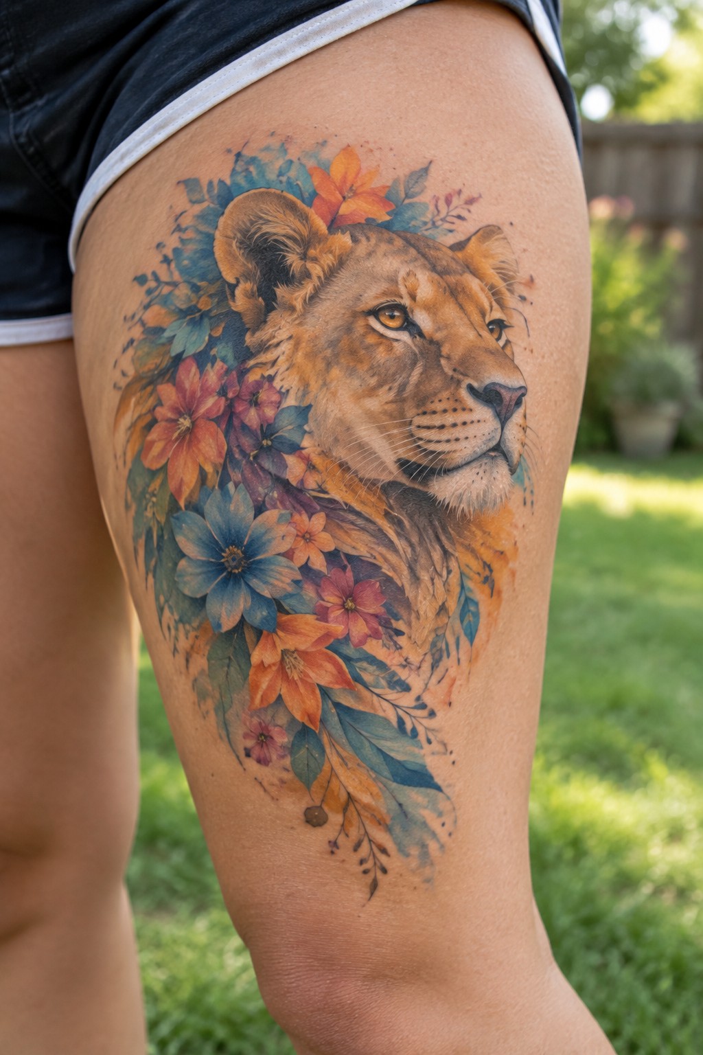 Realistic lioness tattoo on upper thigh with colorful flowers and leaves blended into the mane area.