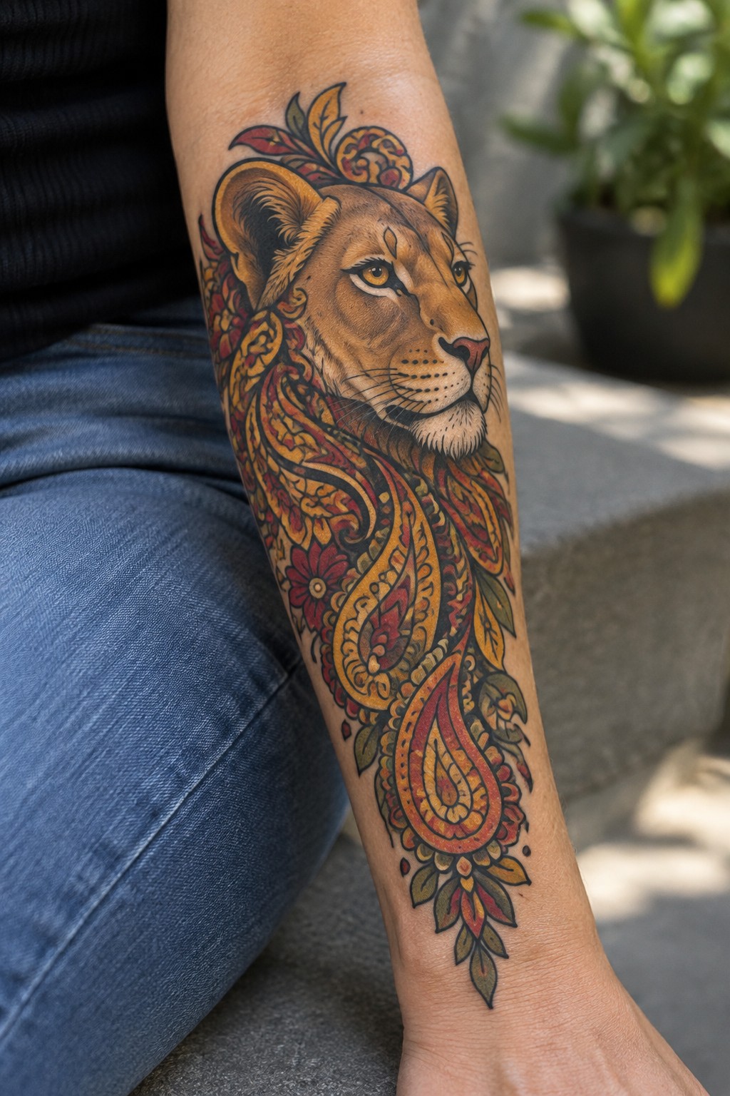Detailed lion tattoo with red-orange paisley and floral patterns on forearm