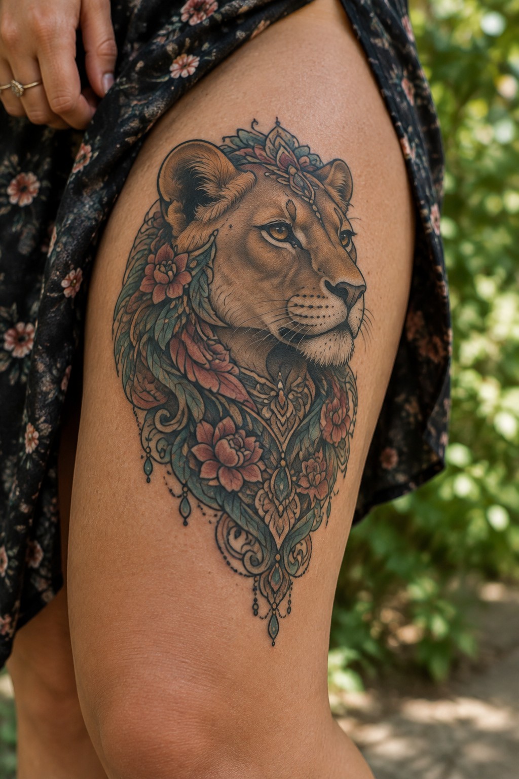 Intricate lioness tattoo with colorful flowers and ornaments on thigh