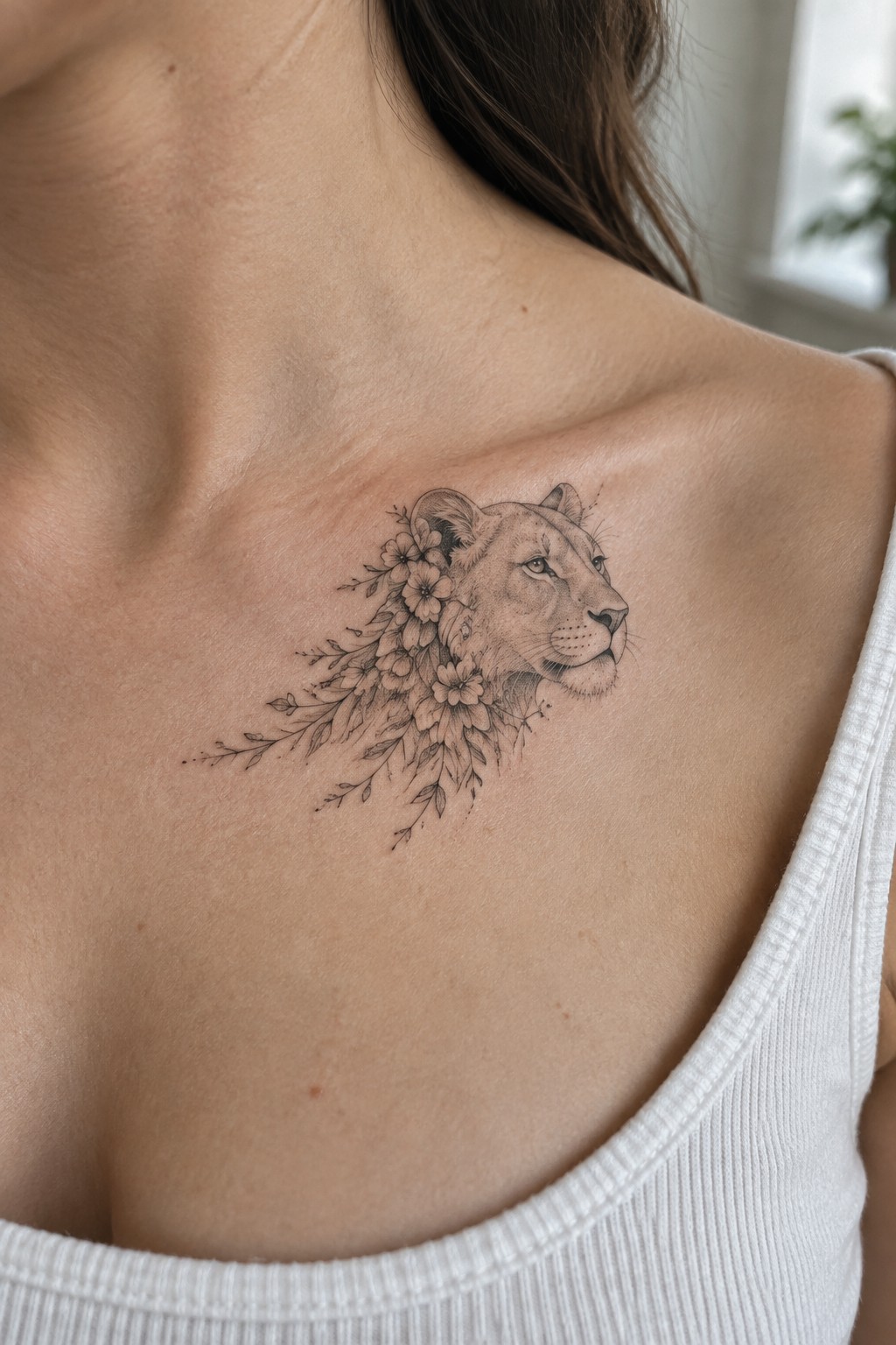 Lioness and floral tattoo on shoulder above white ribbed tank top