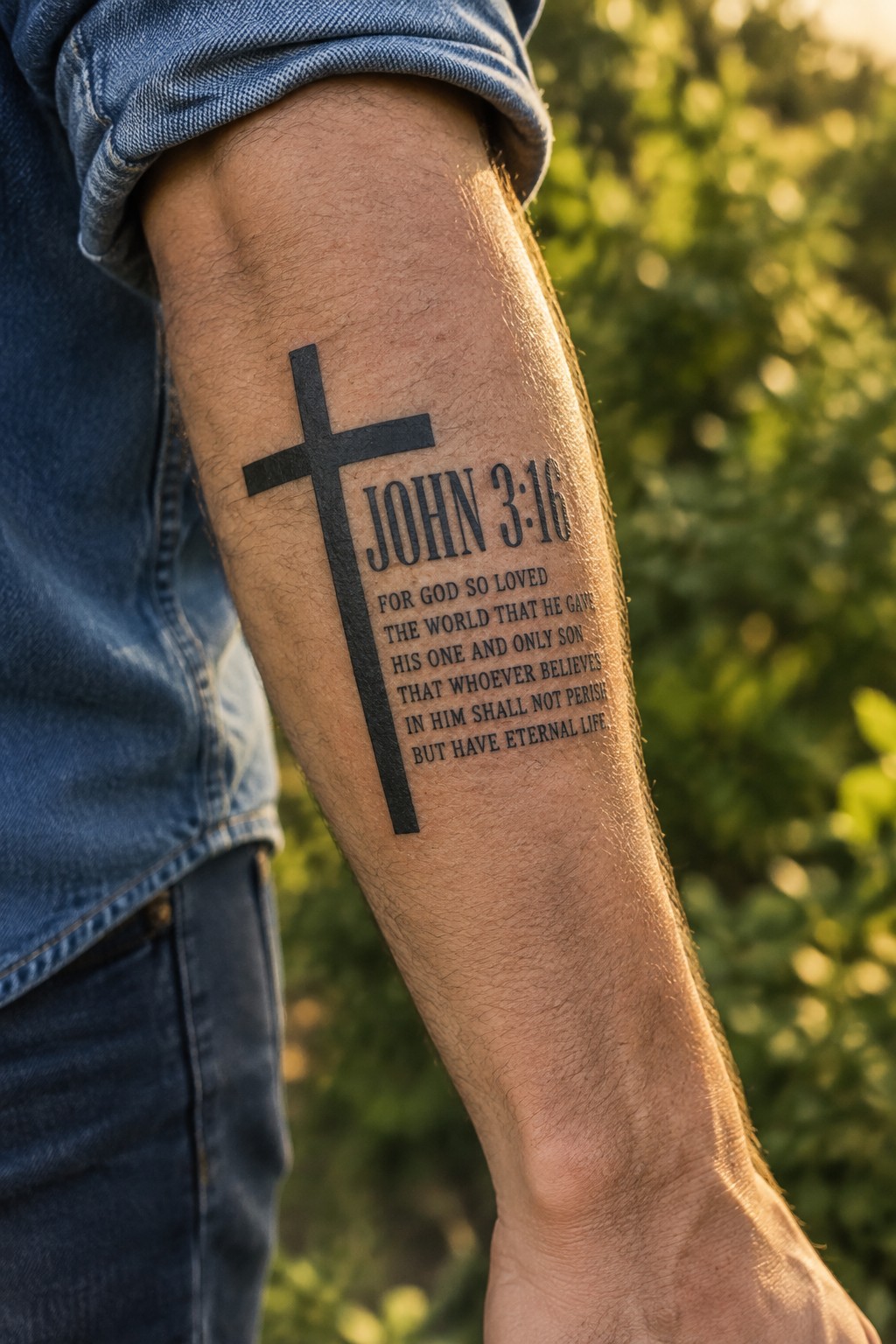 Black cross tattoo with John 3:16 verse inked vertically along a man's forearm