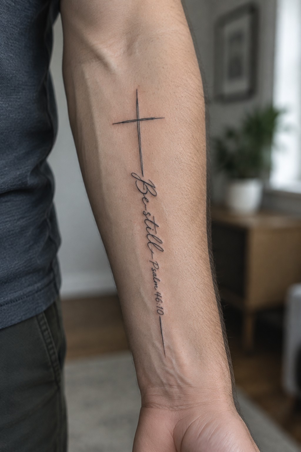 Minimalist cross tattoo on inner forearm with Be still Psalm 46:10 text integrated vertically into the design in black ink