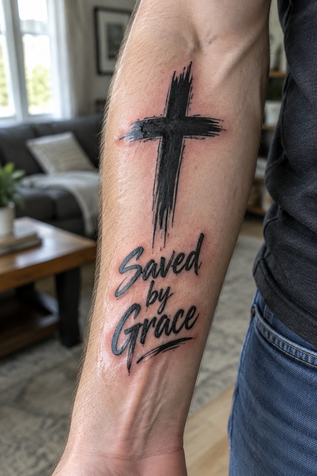 Fresh forearm tattoo of black brushstroke cross above 