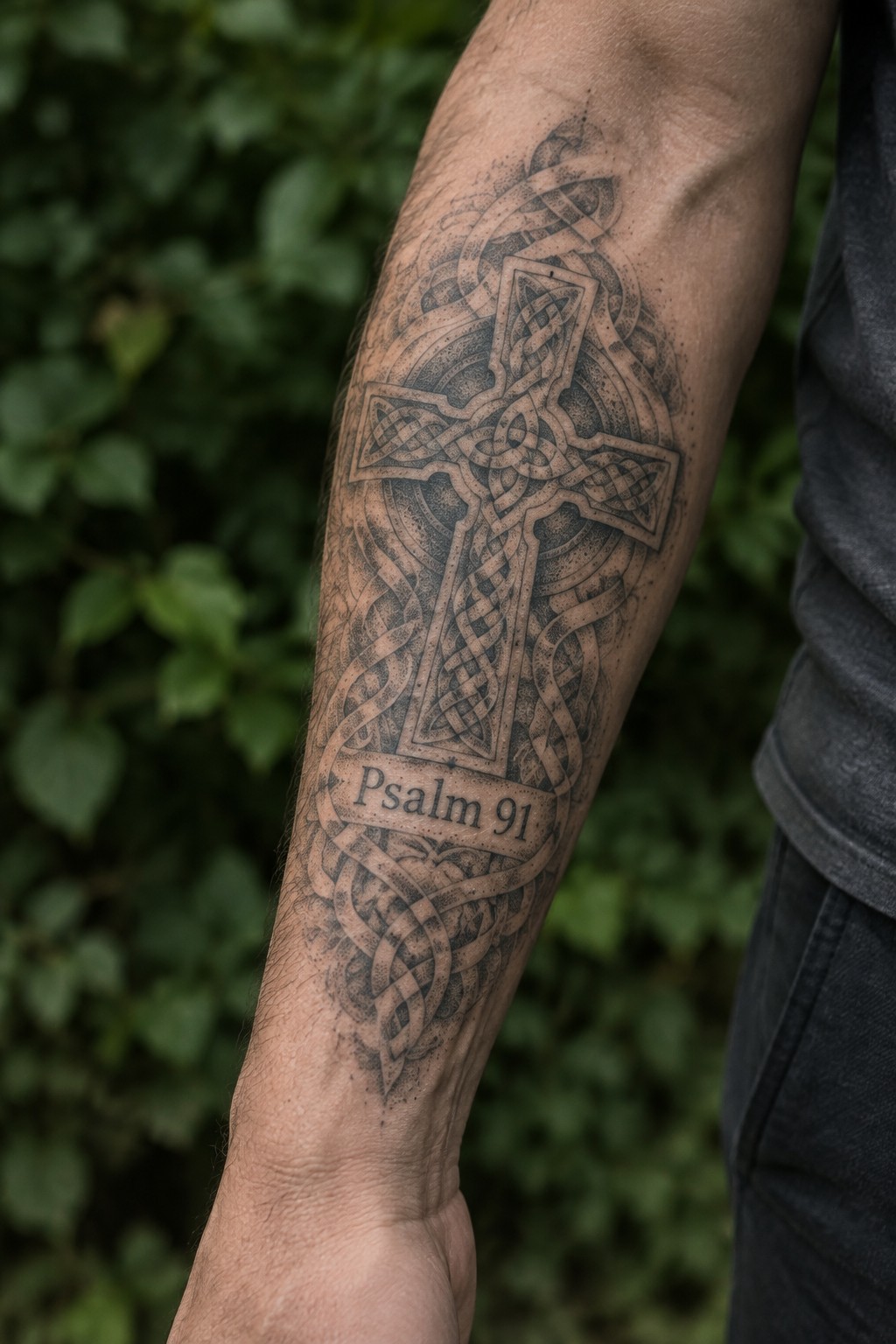 Black and grey Celtic cross tattoo on a man's forearm with intricate knotwork and a banner reading Psalm 91
