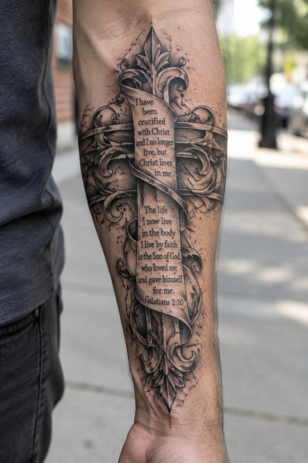Black and grey forearm tattoo showing a tall cross with a scripture banner from Galatians 2:20 and ornate decorative flourishes.