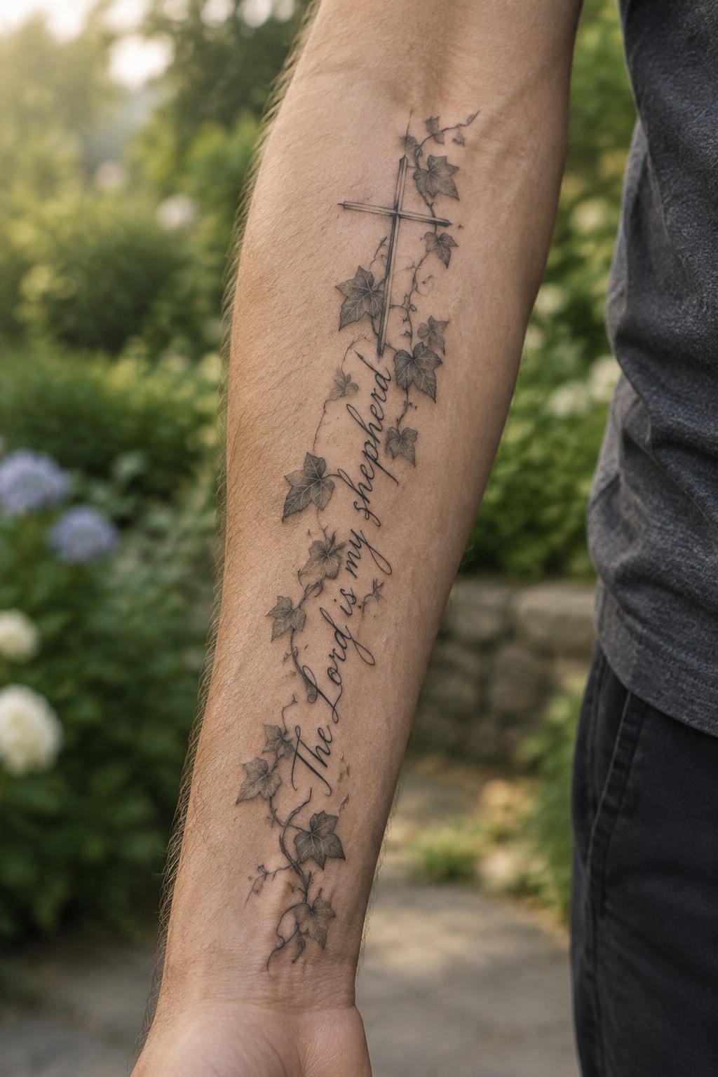Forearm tattoo of cross with ivy vines and 