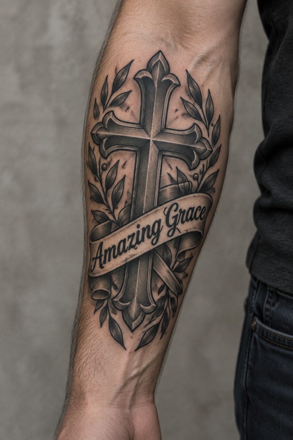 Black and grey forearm tattoo showing a large ornate cross with leaves around it and a banner that reads Amazing Grace