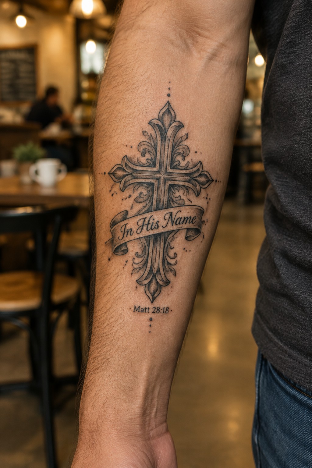 Black and grey ornate cross tattoo on a man's forearm with a banner reading In His Name and the reference Matt 28:18 below it
