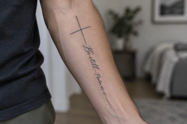 Minimalist cross tattoo on inner forearm with Be still Psalm 46:10 text integrated vertically into the design in black ink