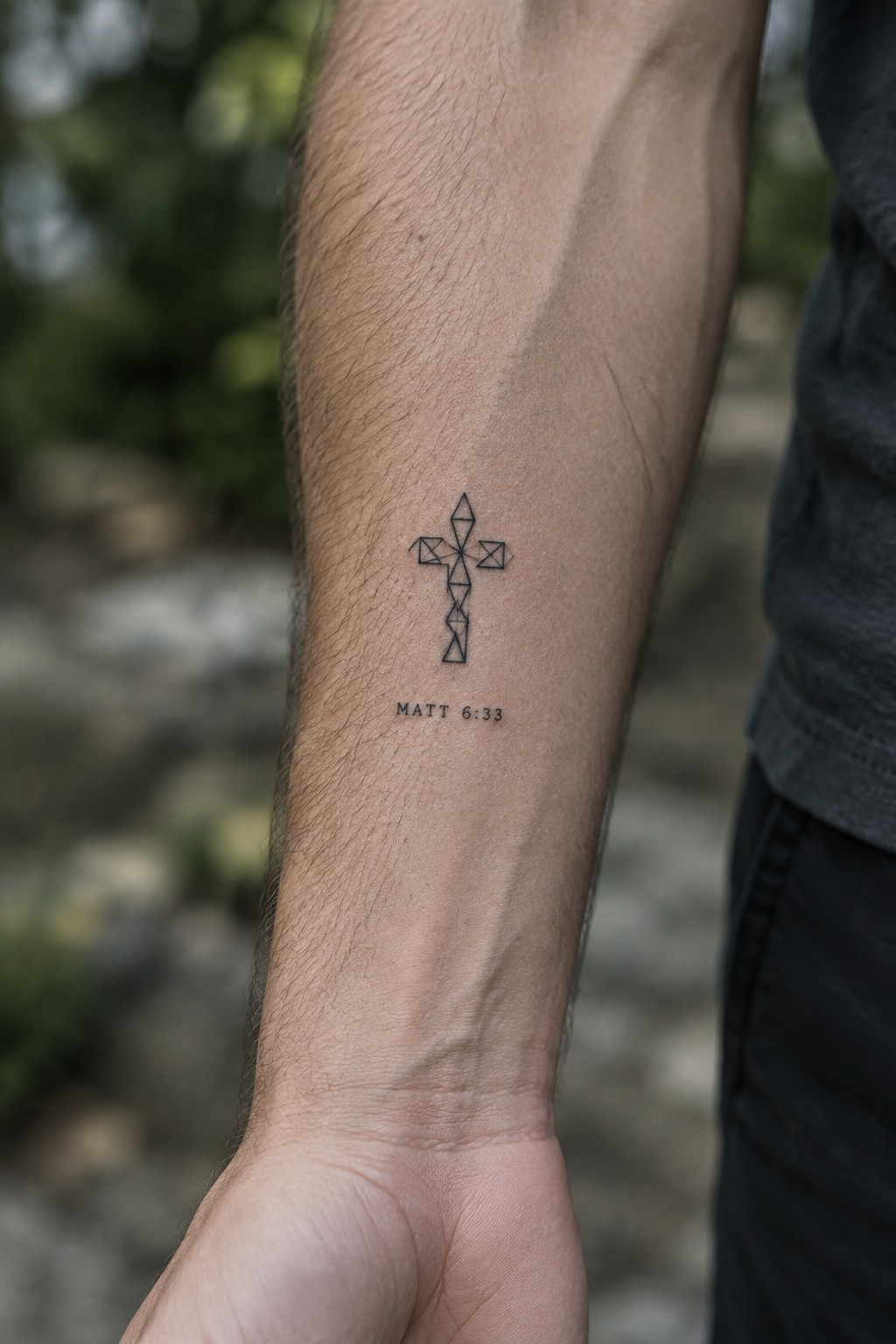Hairy forearm with black geometric cross tattoo and 