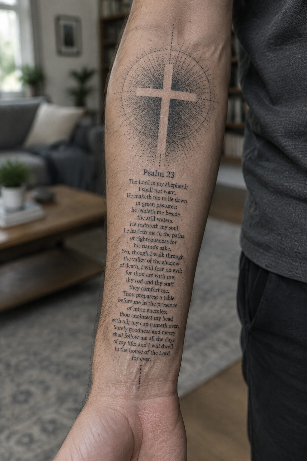 Inner forearm tattoo showing Psalm 23 verses below a cross with dotted radiating lines.