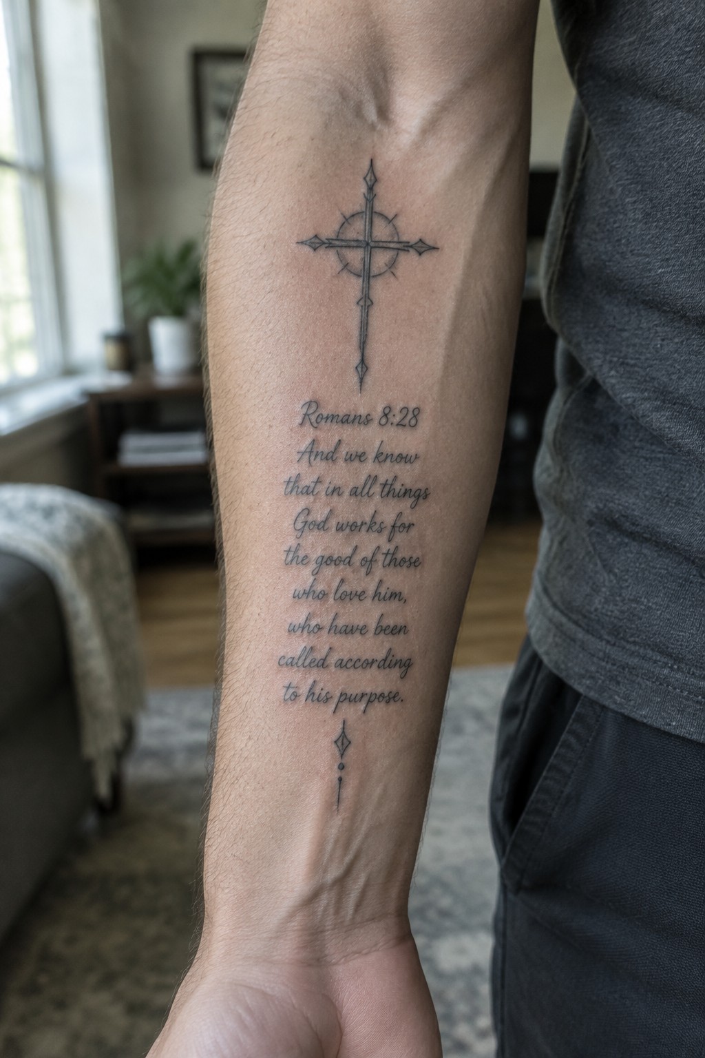 Cross tattoo with Romans 8:28 verse on forearm of person in gray shirt