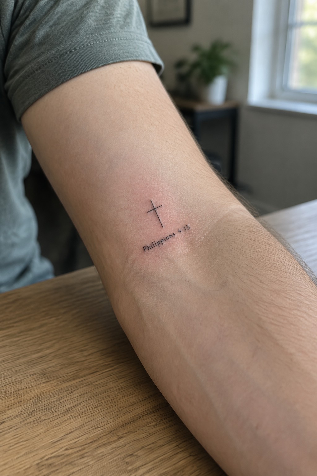 Arm with small cross tattoo and Philippians 4:13 text on wooden table in gray shirt