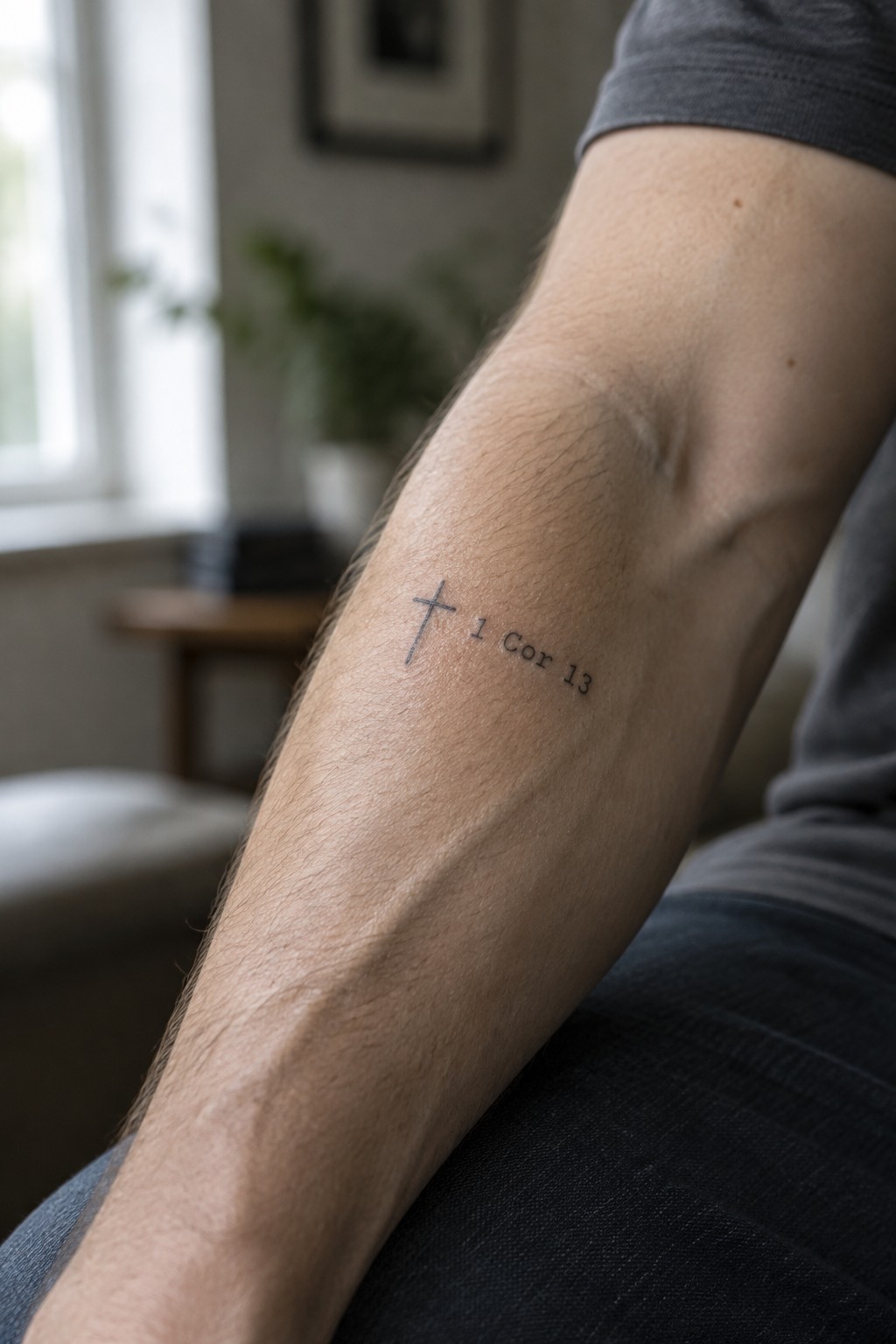 Hairy arm in gray shirt with small cross and 1 Cor 13 tattoo