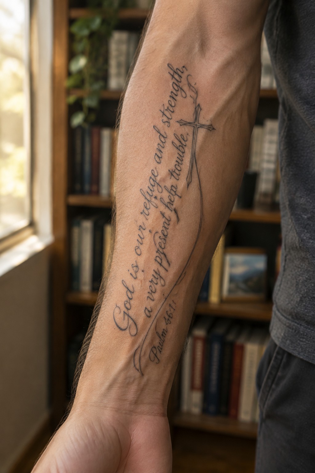 Vertical forearm tattoo with Psalm 46:1 scripture in script lettering and a simple cross on the inner arm.