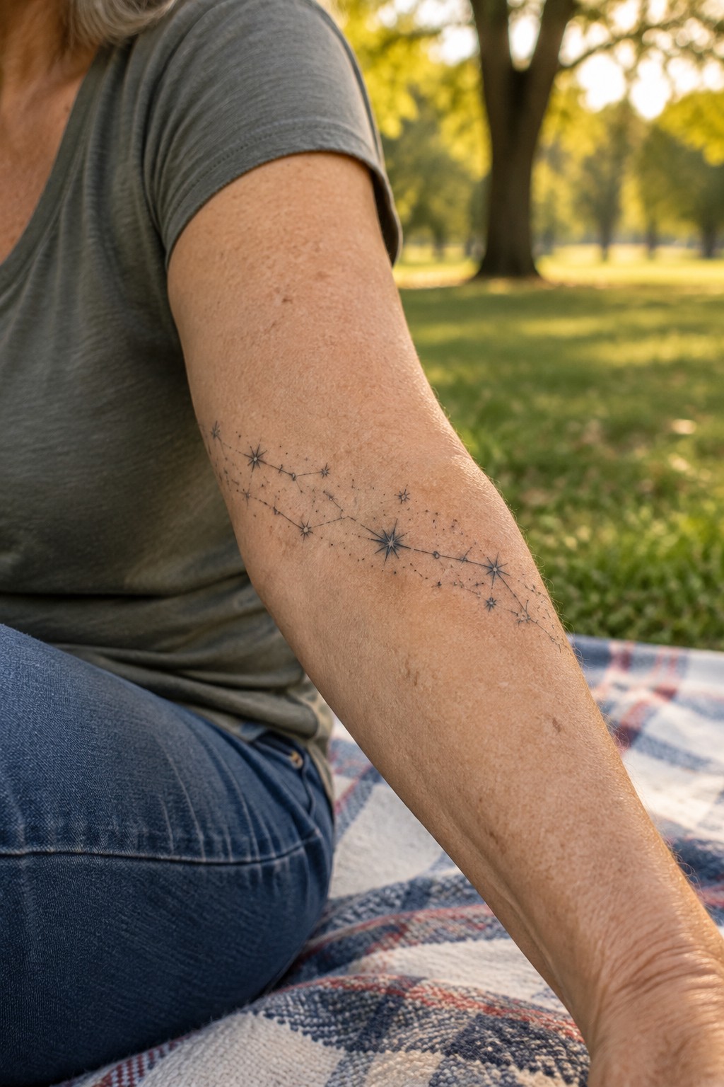 Fine line constellation tattoo on the upper arm of an older woman outdoors on a blanket.