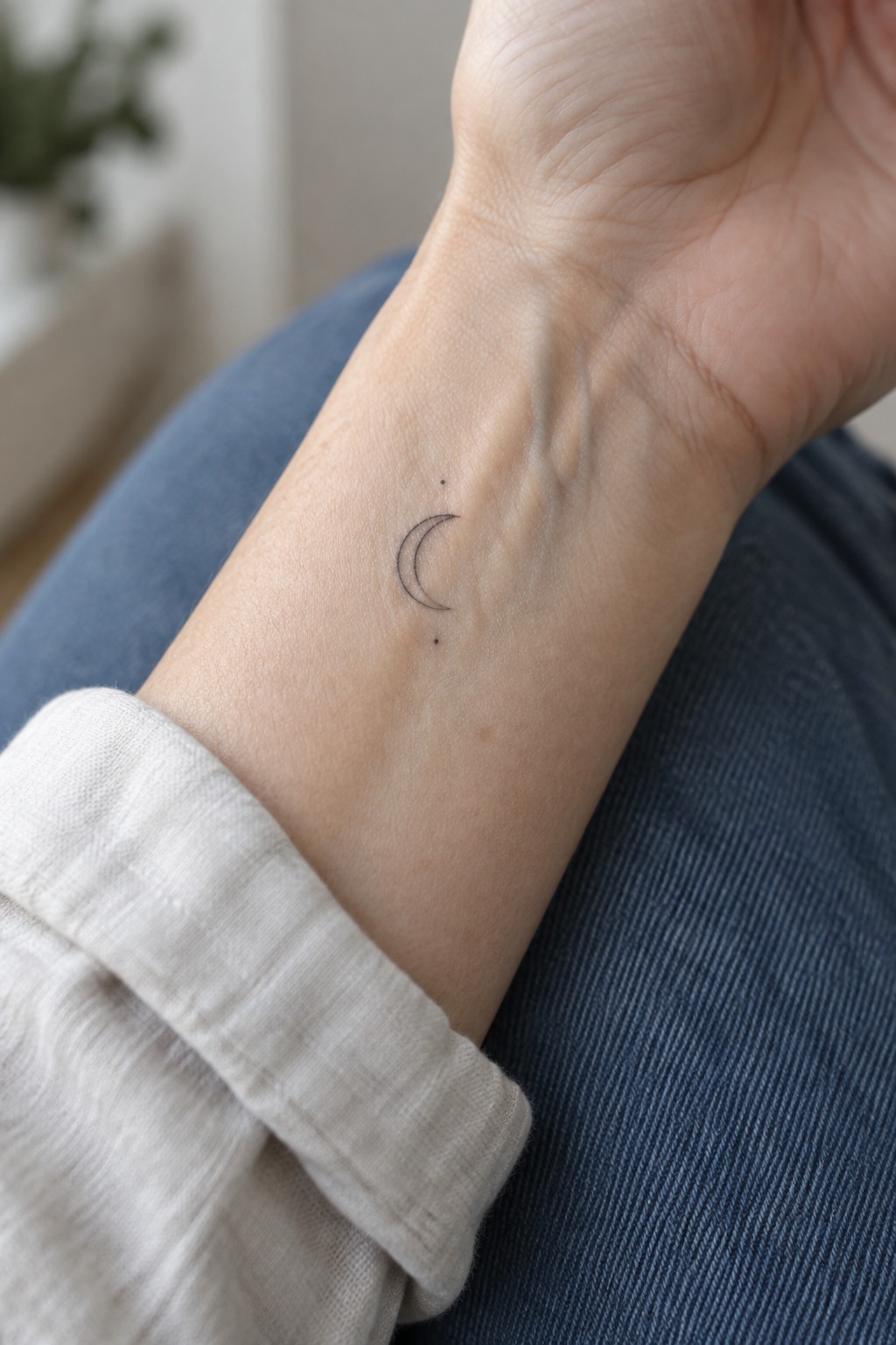 Small crescent moon tattoo on wrist over blue jeans and white sleeve