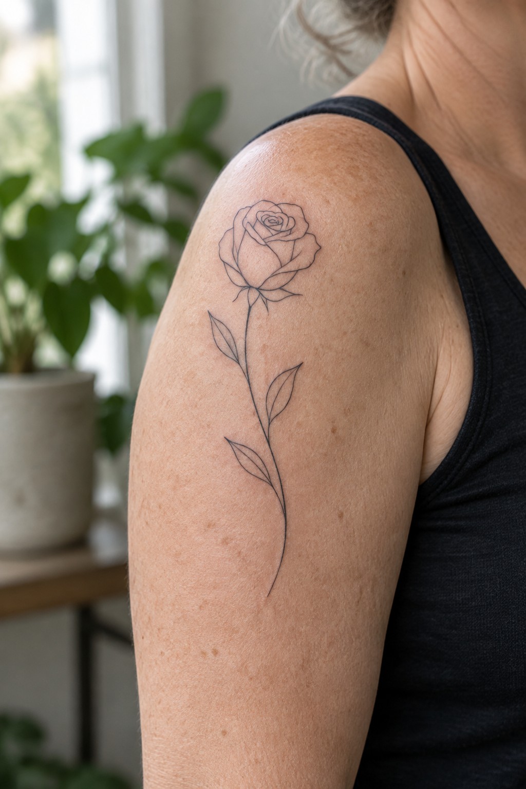 Fine line rose tattoo with long stem on the upper arm of a woman over 50