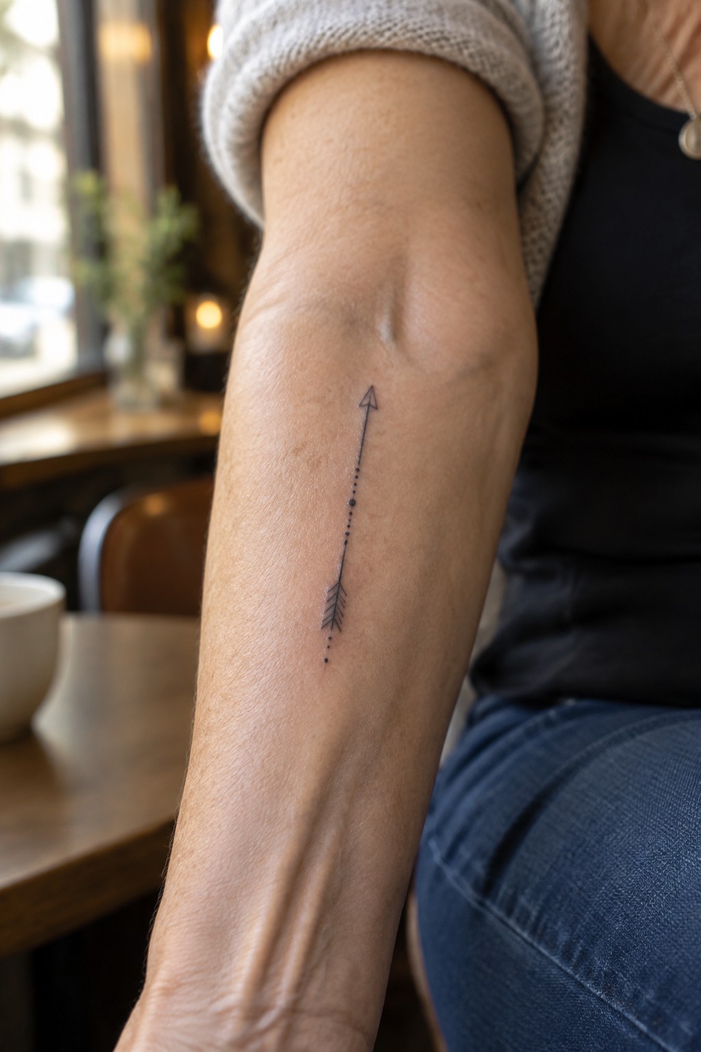 Minimalist arrow tattoo on forearm, gray knit sweater sleeve rolled up, blue jeans