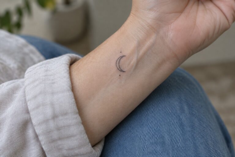Small crescent moon tattoo on wrist over blue jeans and white sleeve
