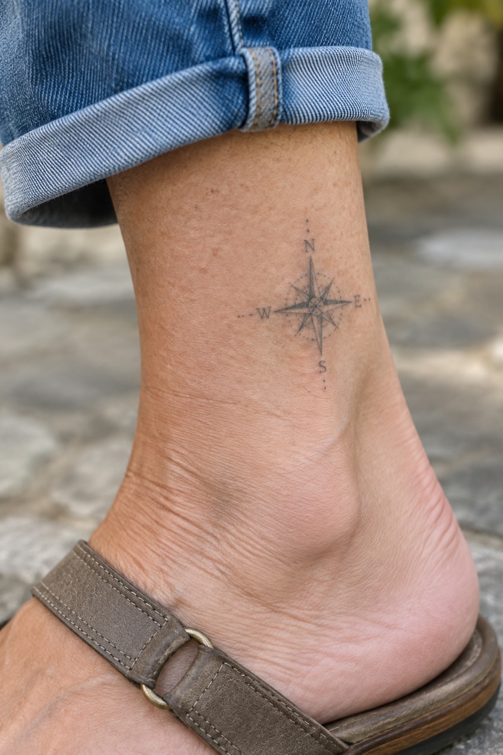 Compass rose tattoo on ankle with rolled blue jeans and brown sandal strap