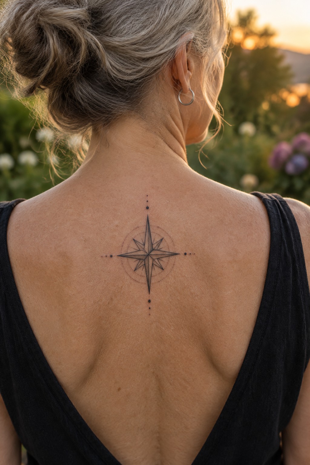 Woman with gray hair in bun shows compass rose tattoo on back in black top