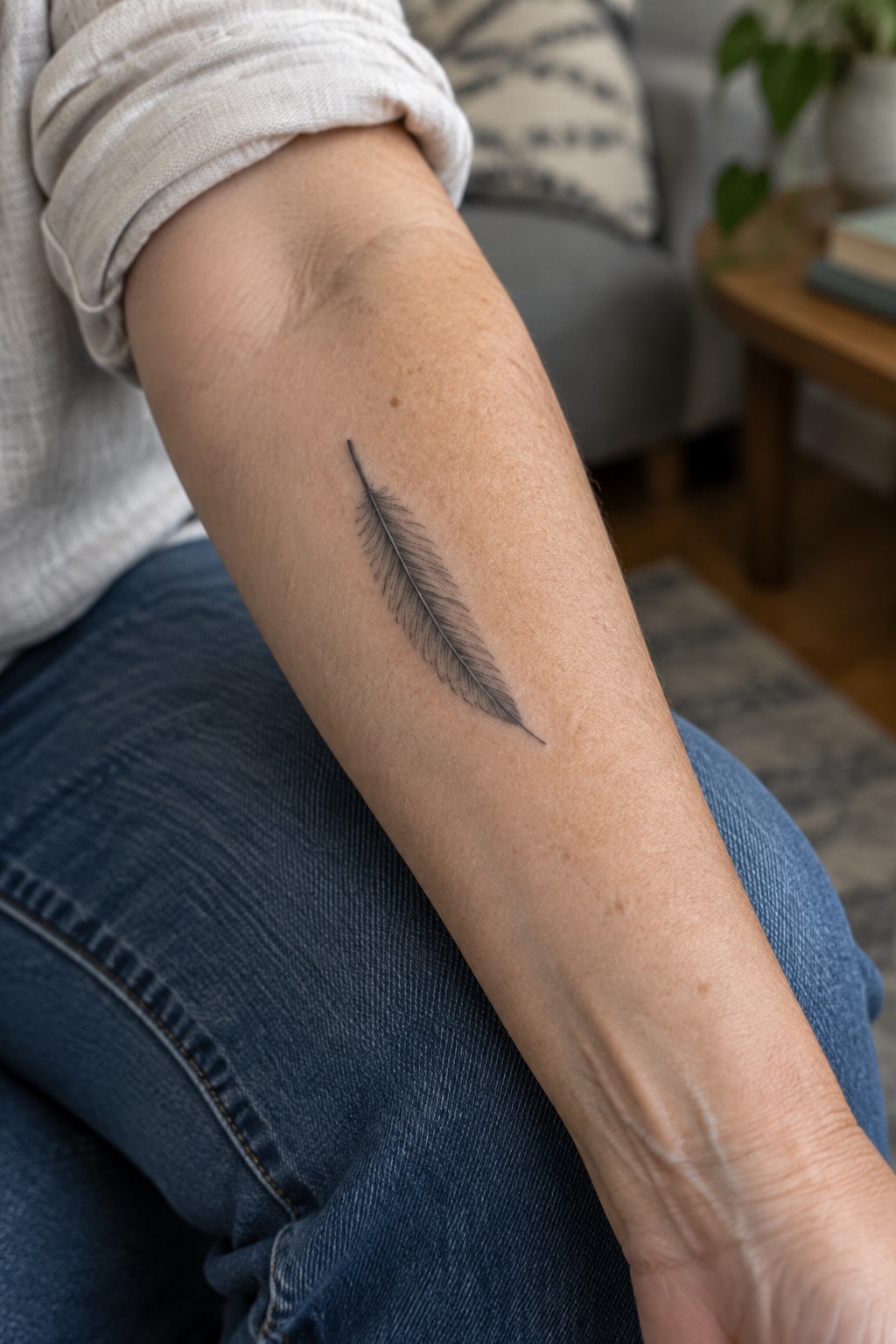 Detailed feather tattoo on forearm of person in white shirt and blue jeans.