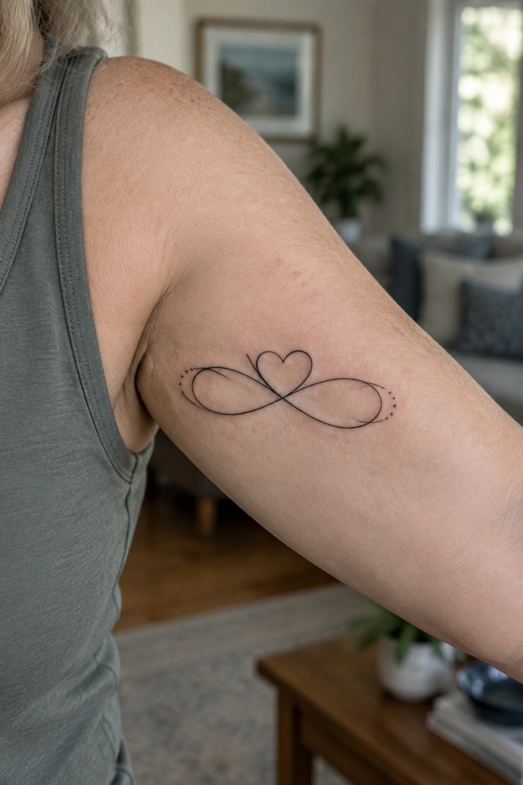 Gray tank top frames infinity heart tattoo on upper arm in living room.