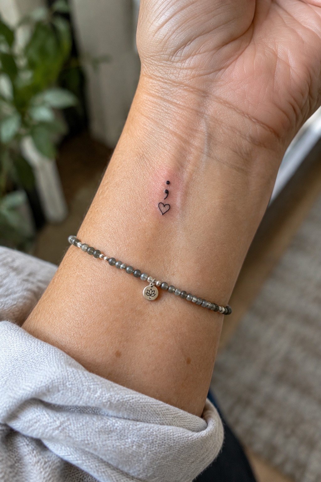 Wrist with semicolon heart tattoo, gray beaded lotus bracelet, and light sweater cuff