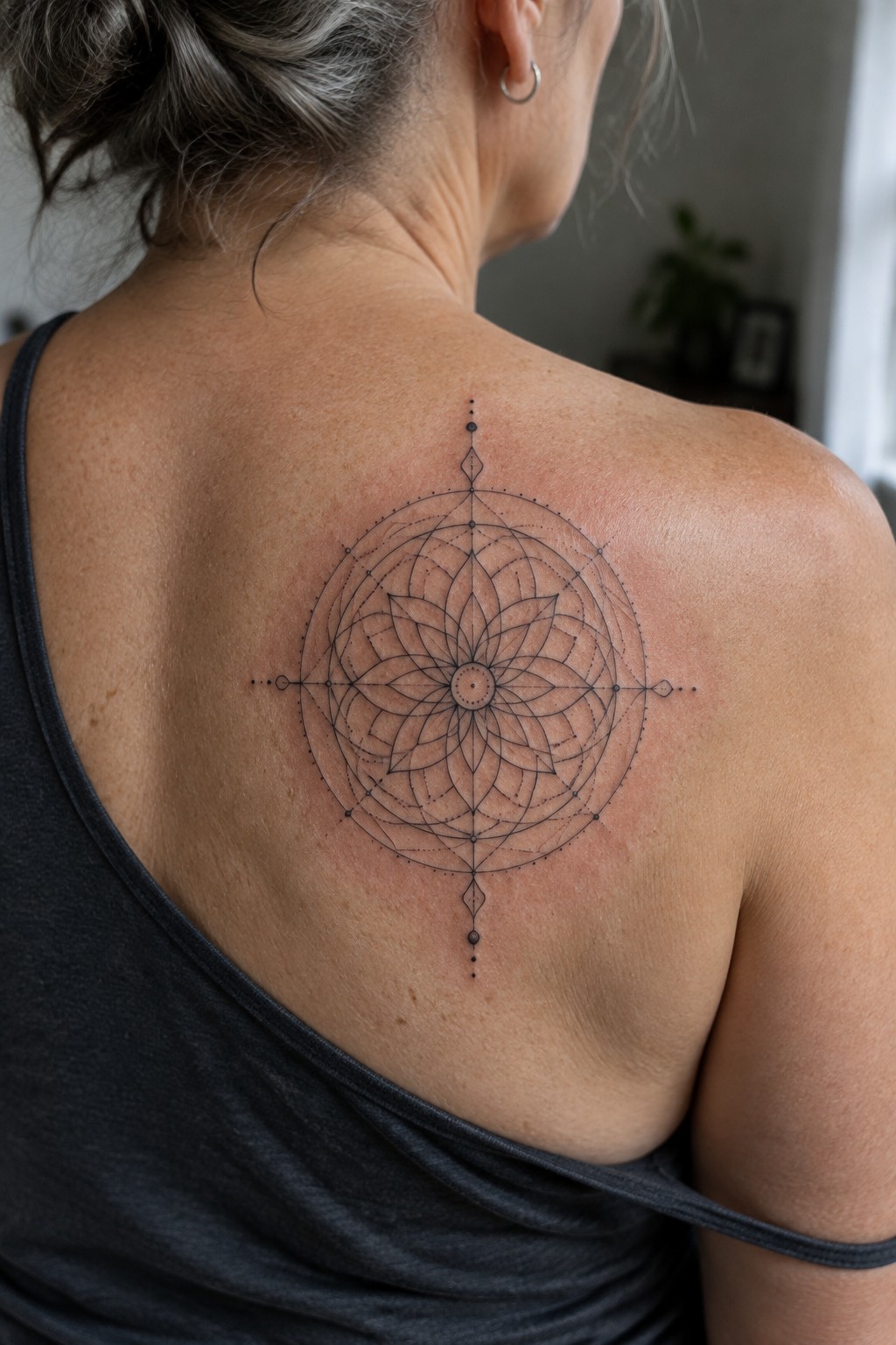 Woman's upper back with large intricate mandala tattoo above dark tank top