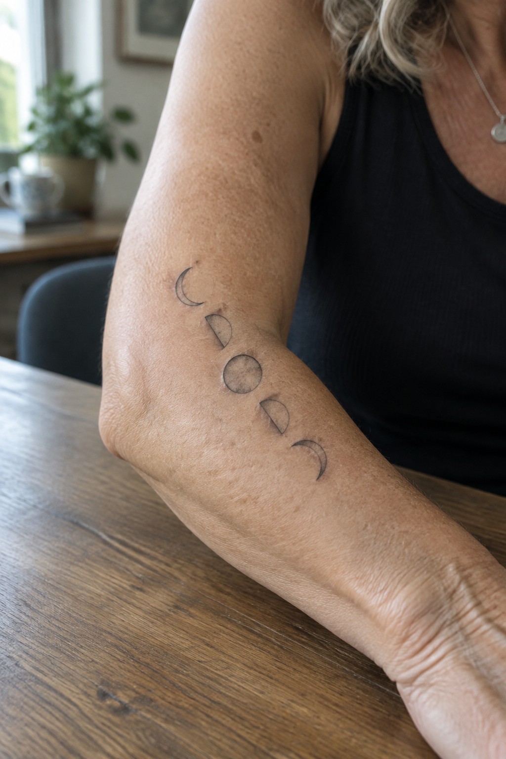 Fine line moon phase tattoo running vertically on the inner forearm.